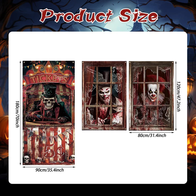Halloween Evil Circus Window Door Covers Set - Creepy Clown Ghost Skull Decor
