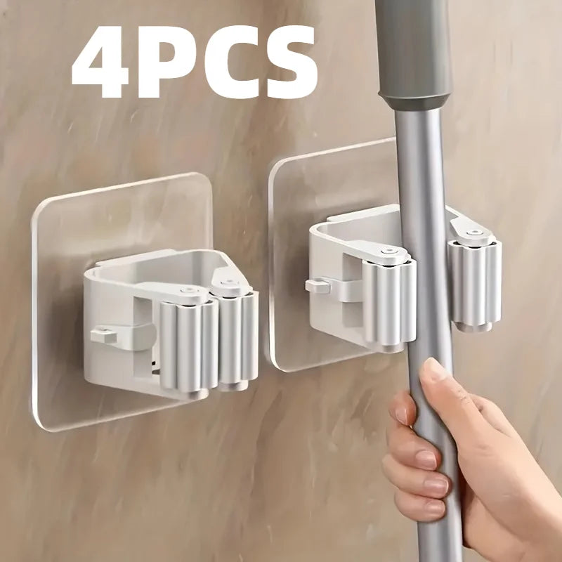 2/4pcs Mop Organizer Holder Wall Mount with No Drill Adhesive Bathroom Storage Hooks
