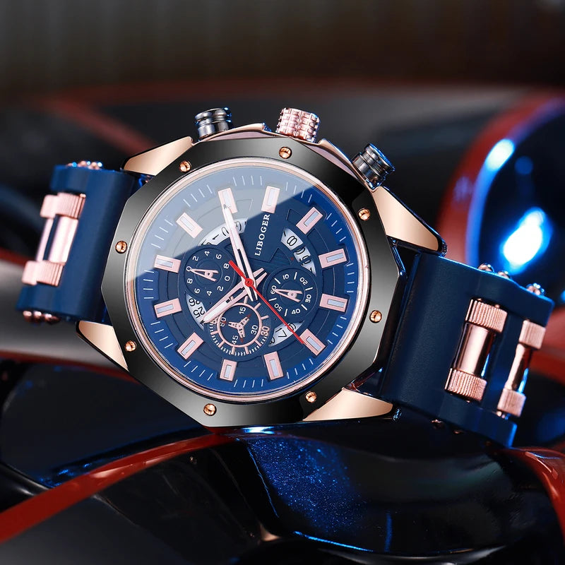 Men's Sports Quartz Watch with Silicone Band and Date Calendar