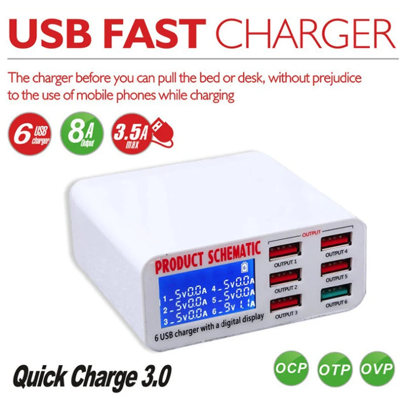 6-Port USB Fast Charger with LCD Display - Smart Phone & Tablet Desktop Power Adapter