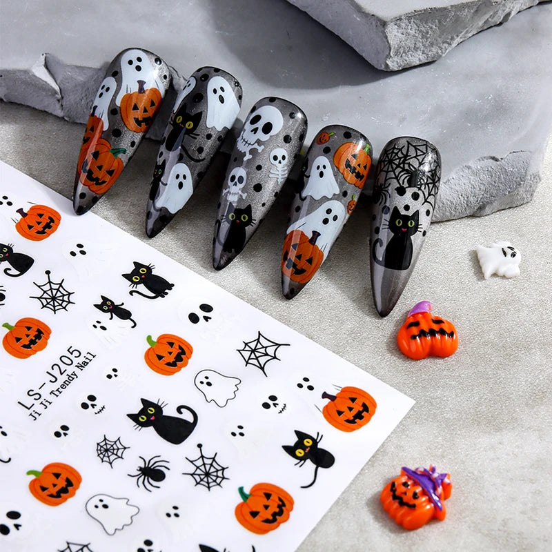 Halloween Nail Stickers Cartoon Ghost Pumpkin Spider Web Designs, Autumn Nail Decals