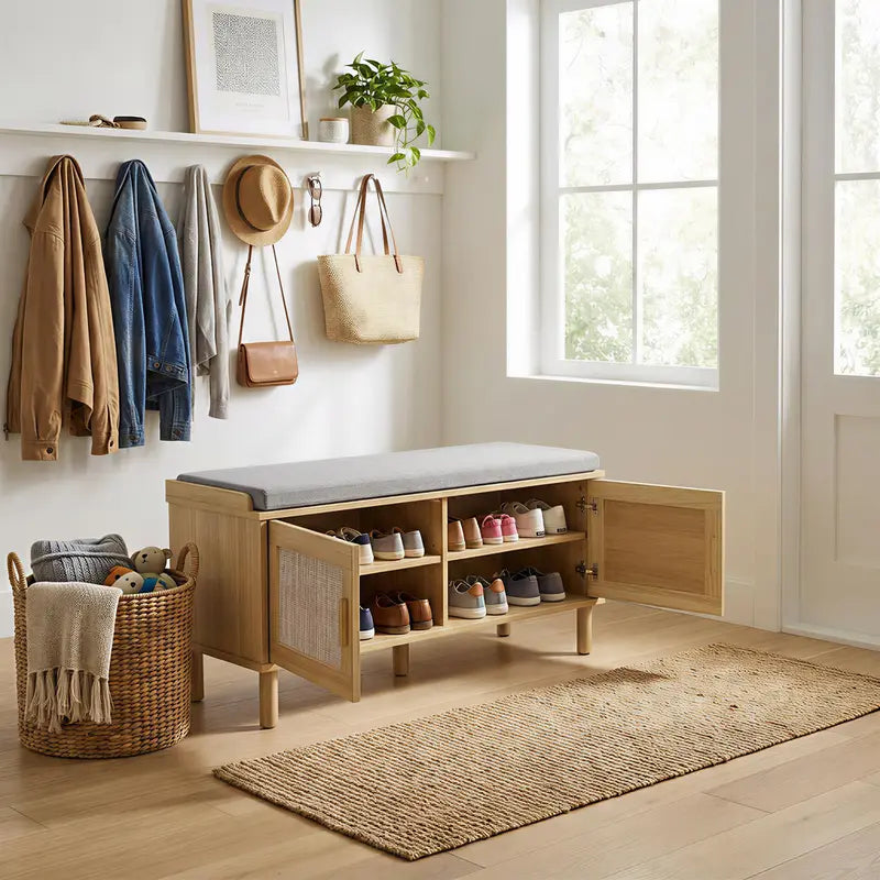 Rattan Shoe Storage Bench with Cushion - Adjustable Shelves & Hidden Organizer