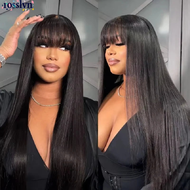 Human Hair Wigs with Bangs - Natural Black Full Machine Wig, Multiple Lengths & Densities
