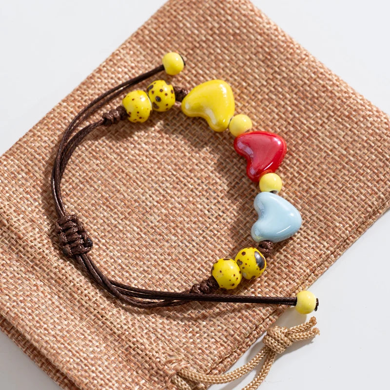 Boho Adjustable Ceramic Heart Beads Bracelet for Couples & Friends