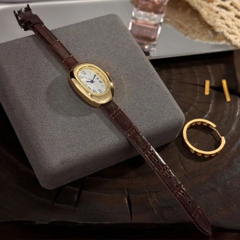 Oval Fashion Quartz Watch with Imitation Leather Strap - Compact Casual Style