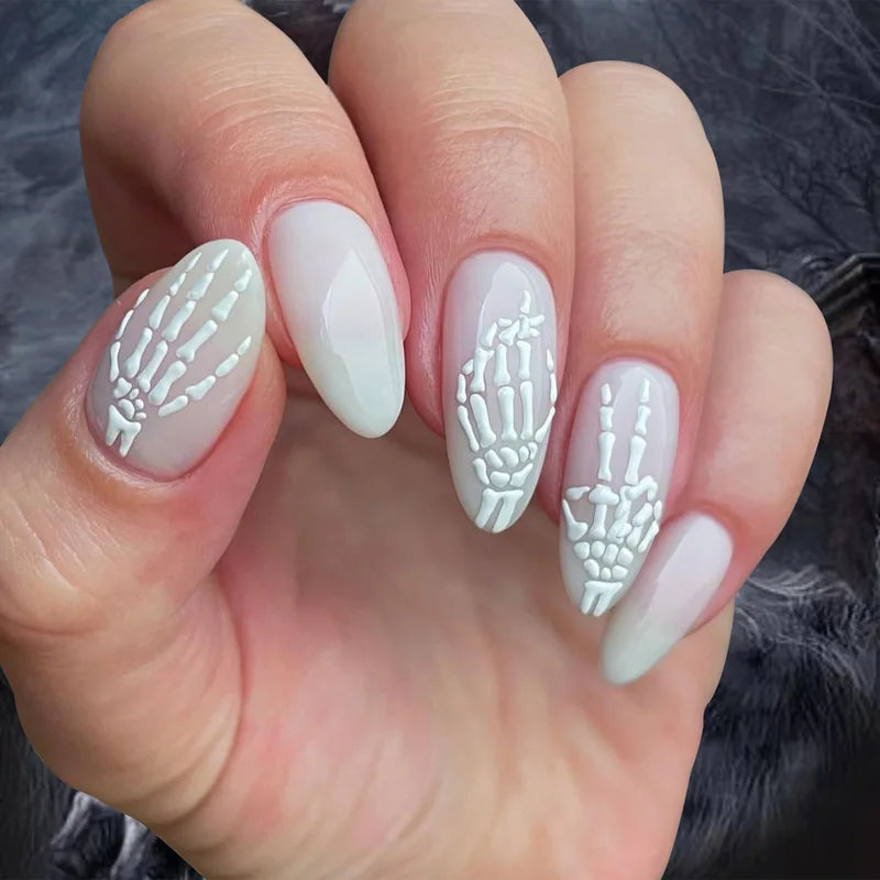 Halloween Fake Nail Set with Ghost Pumpkin Design - Almond Shape Press-On Nails