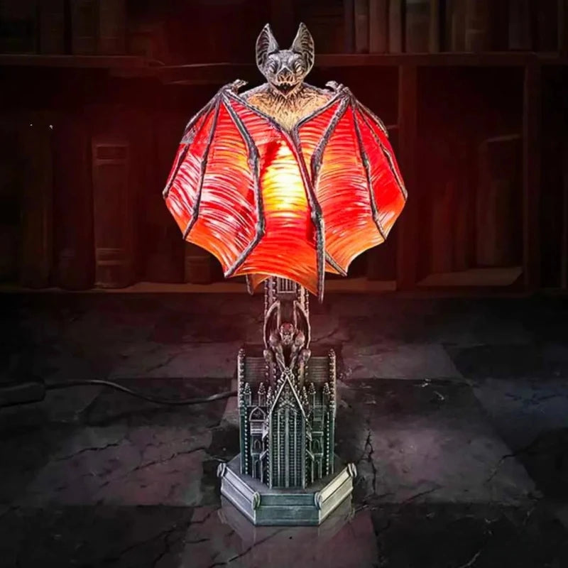 Gothic Bat Lamp with Red Glow - Decorative Wings of Night Halloween Resin Table Light