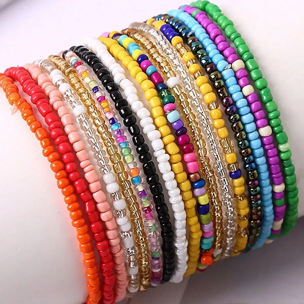 Colorful Boho Beaded Bracelets Set - 17 Stretchable Elastic Jewelry for Women