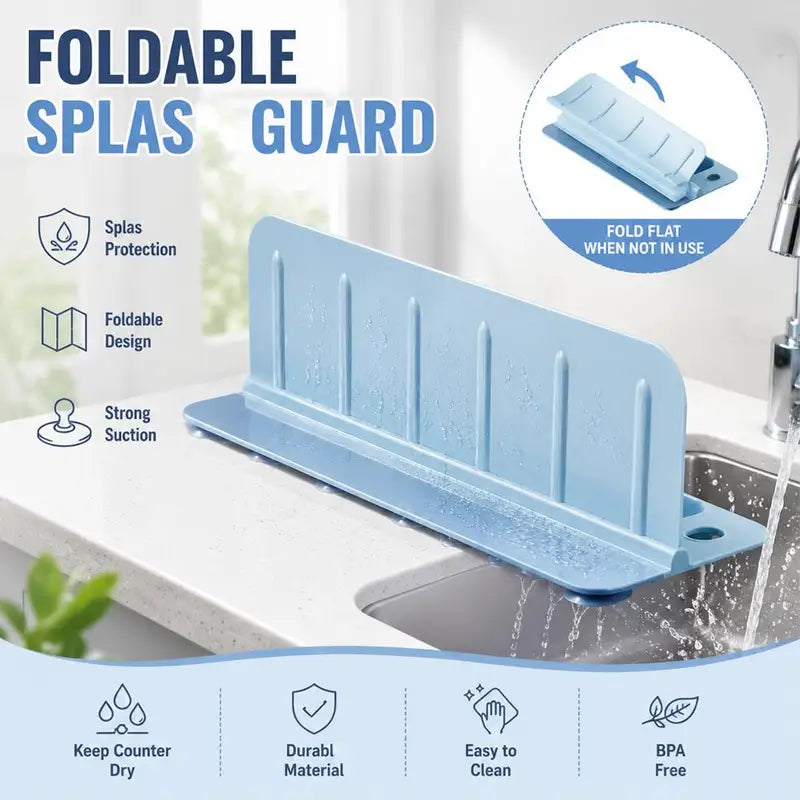 Foldable Silicone Sink Splash Guard with Storage - Waterproof Water Dam for Kitchen Washing