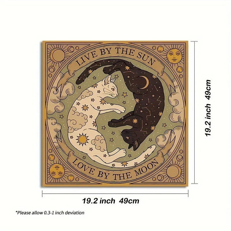 Celestial Sun and Moon Cat Altar Tablecloth with Starry Sky and Tarot Elements — Multiple Sizes