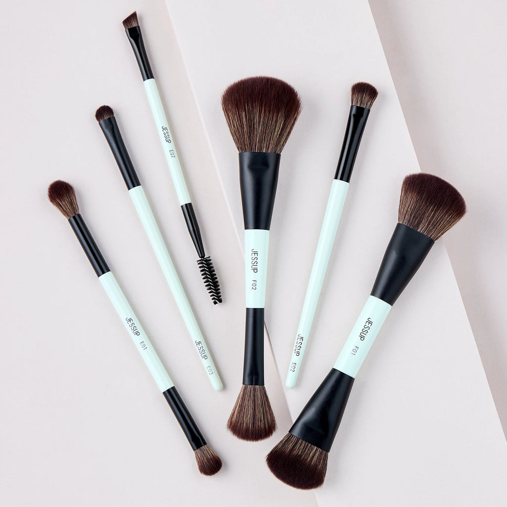 6pcs Double-Ended Makeup Brush Set - Vegan Fiber, Bright Cyan