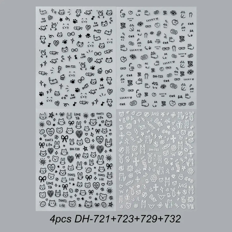 4-Pack Cute Cartoon Nail Art Stickers for DIY Manicure, Kawaii Flower and Animal Designs