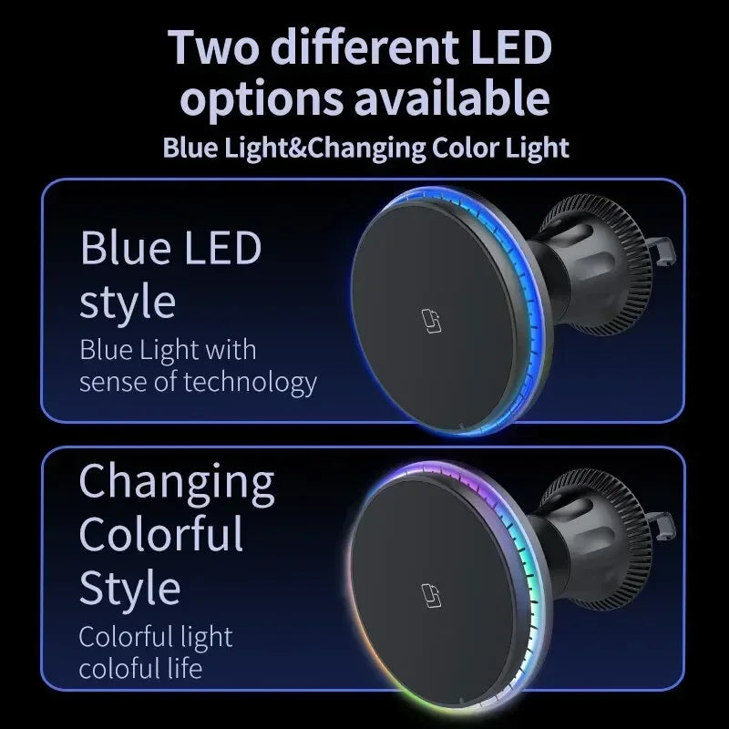 Magnetic Wireless Car Charger with RGB Lighting and Vent Mount for iPhone 12-17