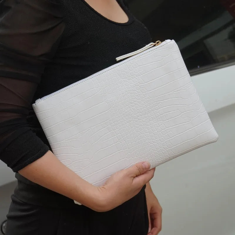 Women’s Crocodile Leather Envelope Clutch Bag Large Evening Party Handbag