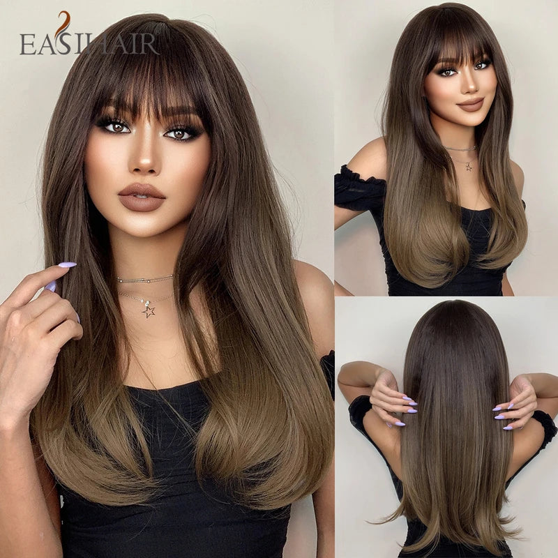 Long Straight Synthetic Wig with Ombre Dark Brown Bangs for Women - Heat Resistant, Daily Wear & Cosplay