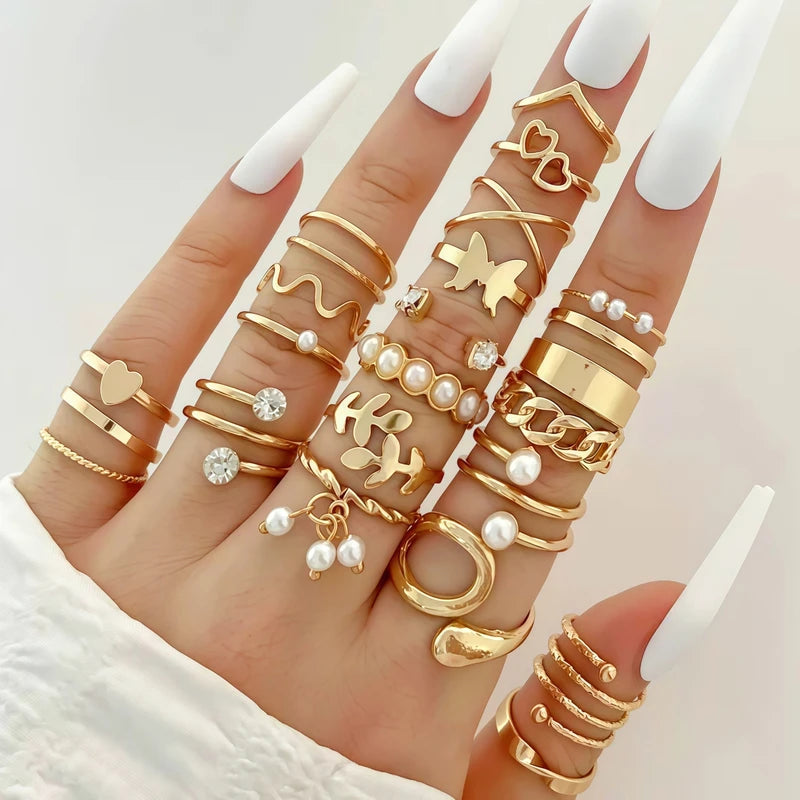 Fashion Rhinestone Hollow Rings Set for Women - Mix Style, Daily Jewelry, Party Gifts