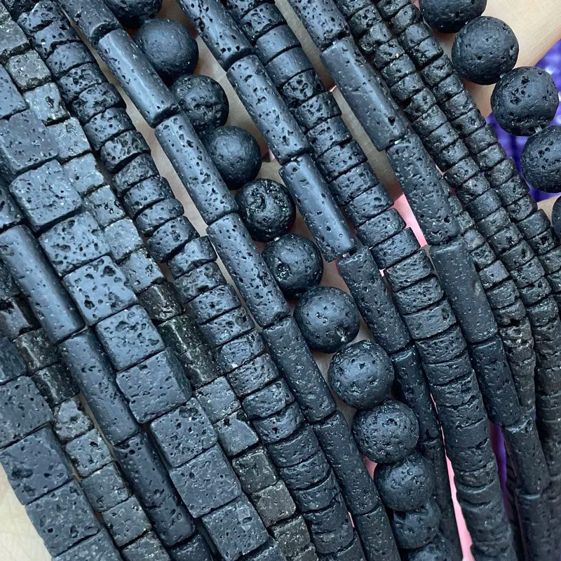 Natural Stone Lava Beads for Jewelry Making - Black Volcanic Cylinder & Round Spacers