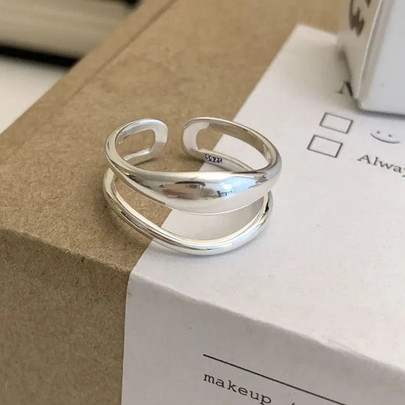 Sterling Silver Geometric Double Layer Ring for Women - Handmade Vintage Style