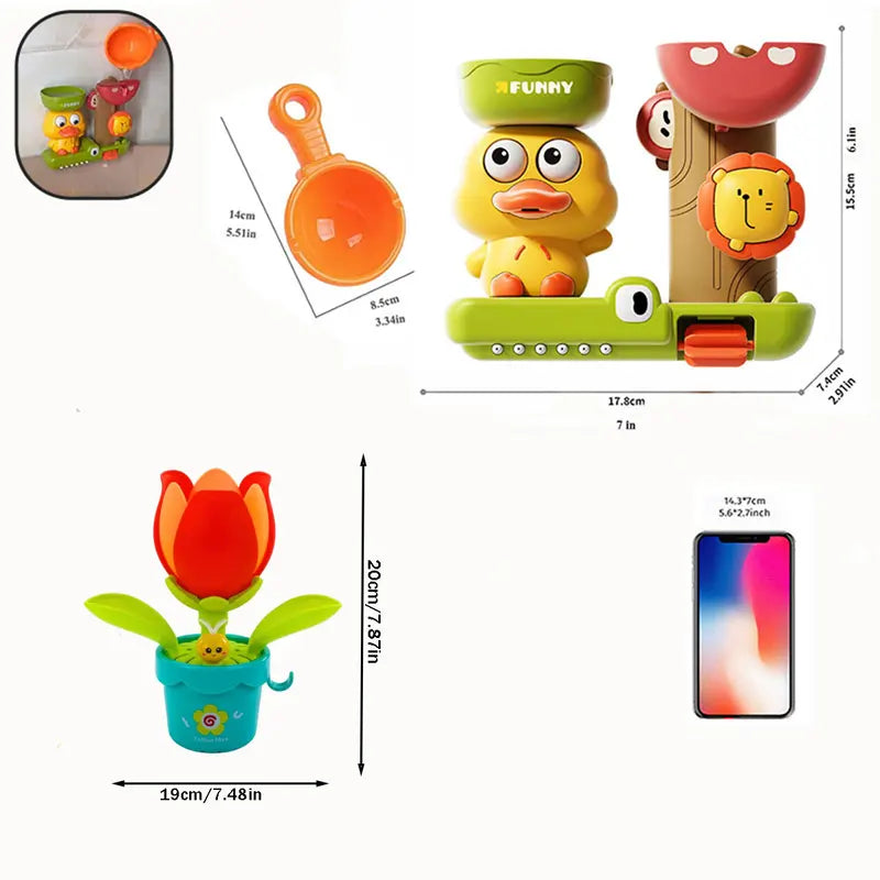Baby Bath Toy Waterwheel with Suction Cup - Duck & Flower Shapes for Shower & Tub - Unisex Kid Gift