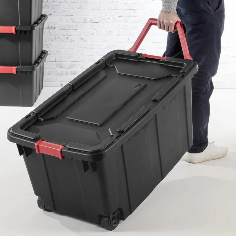 40 Gallon Wheeled Plastic Storage Bin - Heavy Duty Industrial Tote with Handle, Pack of 2
