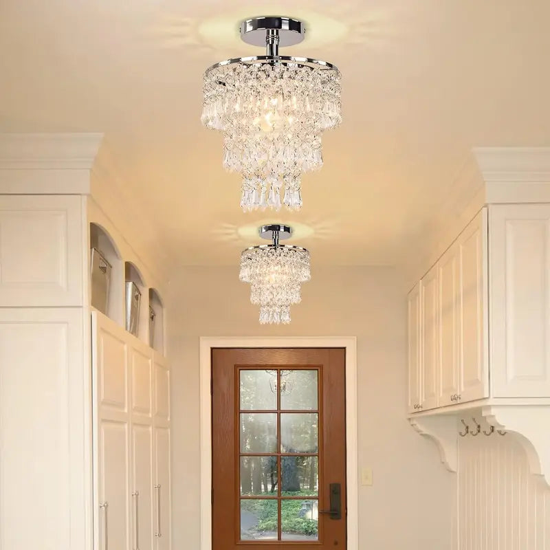 Small Crystal Chandelier LED Ceiling Lights 3 Tiers Raindrop Pendant Fixture for Bedroom Hallway Living Room, Chrome