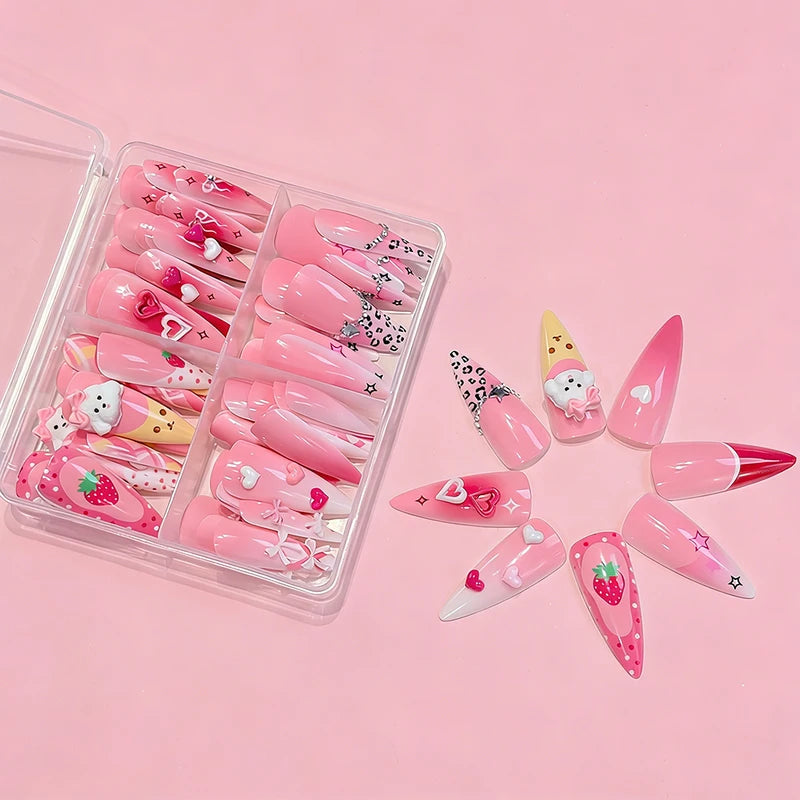 3D Pink Sweet Bow Heart Fake Nails Long Almond False Nails with Rhinestones