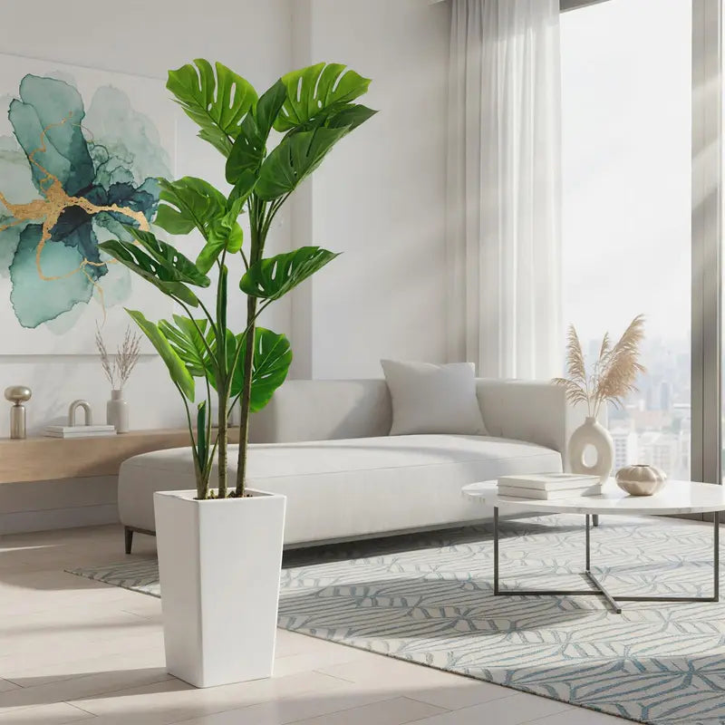 Artificial Monstera Tree with Tall White Planter - Indoor Faux Tropical Plant