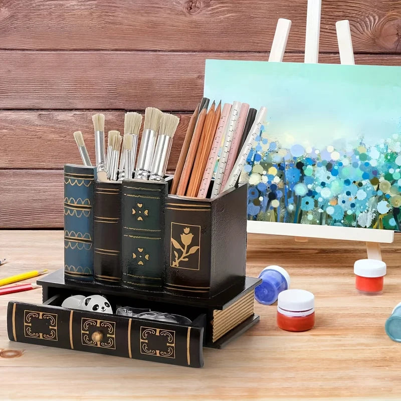 Vintage Wooden Pen Holder Desk Organizer Home Office Storage