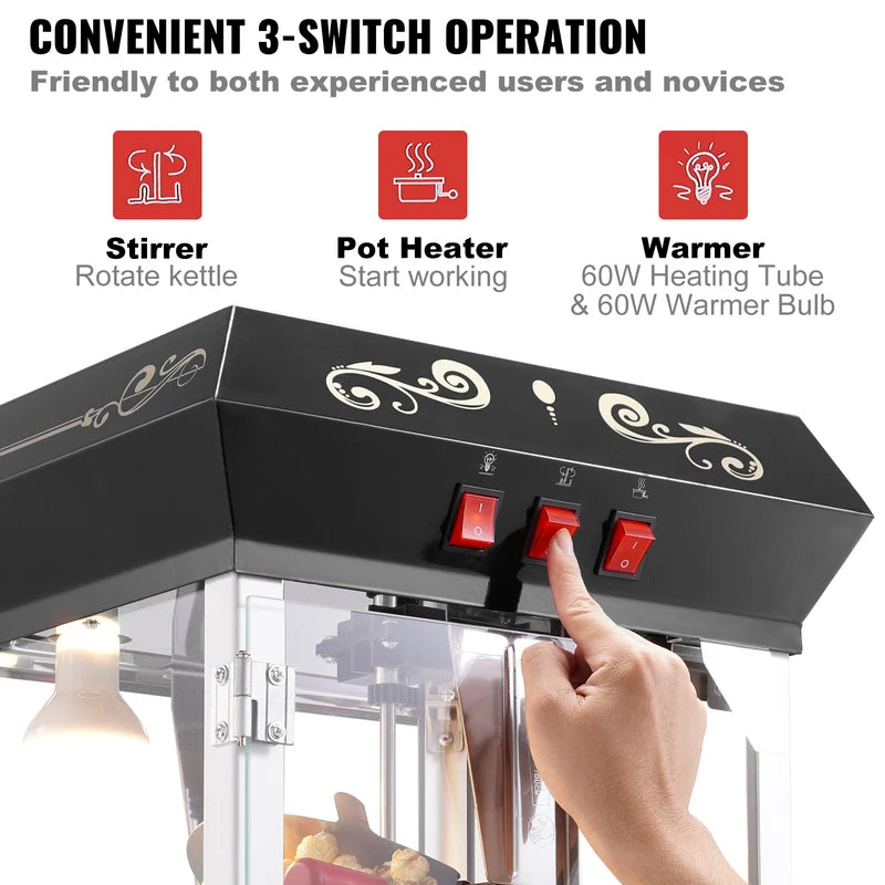 850W Commercial Popcorn Maker Machine 8 Oz Kettle for Theater & Events