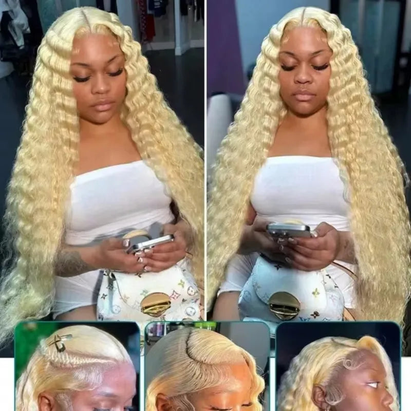 Blonde Lace Front Wigs 13X6 HD Transparent Human Hair 40 Inch Deep Wave, 250 Density