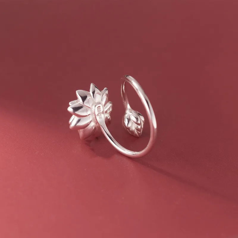 925 Sterling Silver Lotus Flower Adjustable Ring for Women Wedding Engagement Jewelry