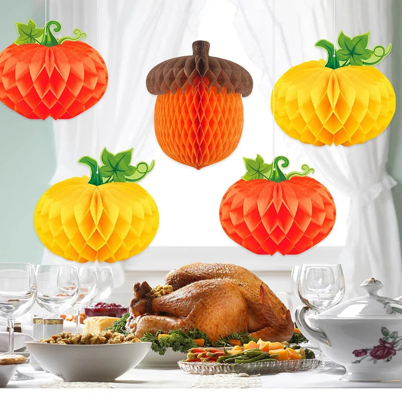 3-Pack Pumpkin Chestnut Honeycomb Decorations for Thanksgiving Halloween Party