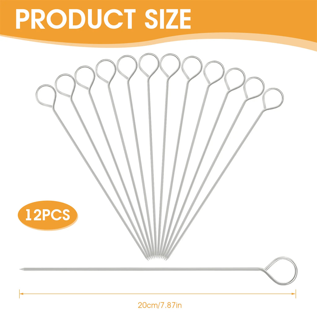 12 Pcs Stainless Steel BBQ Skewers 20cm Kebab Roasting Sticks for Grilling
