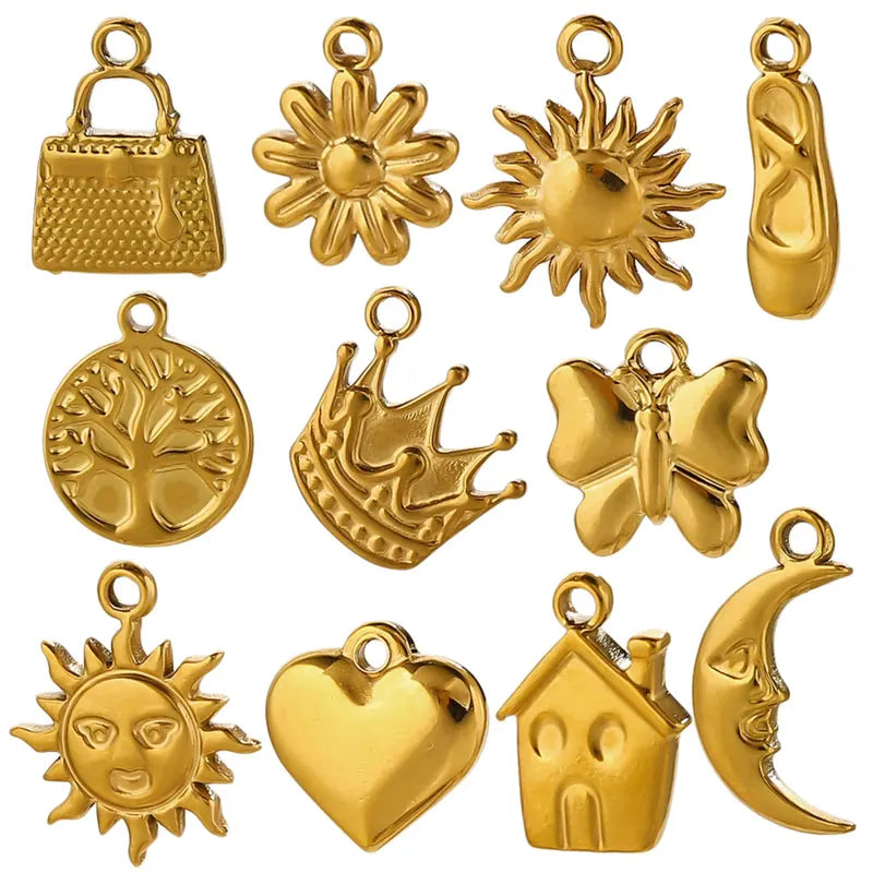 10pcs Stainless Steel Charms for Jewelry Making - Sun Moon Flower Pendants, Gold & Silver Plated