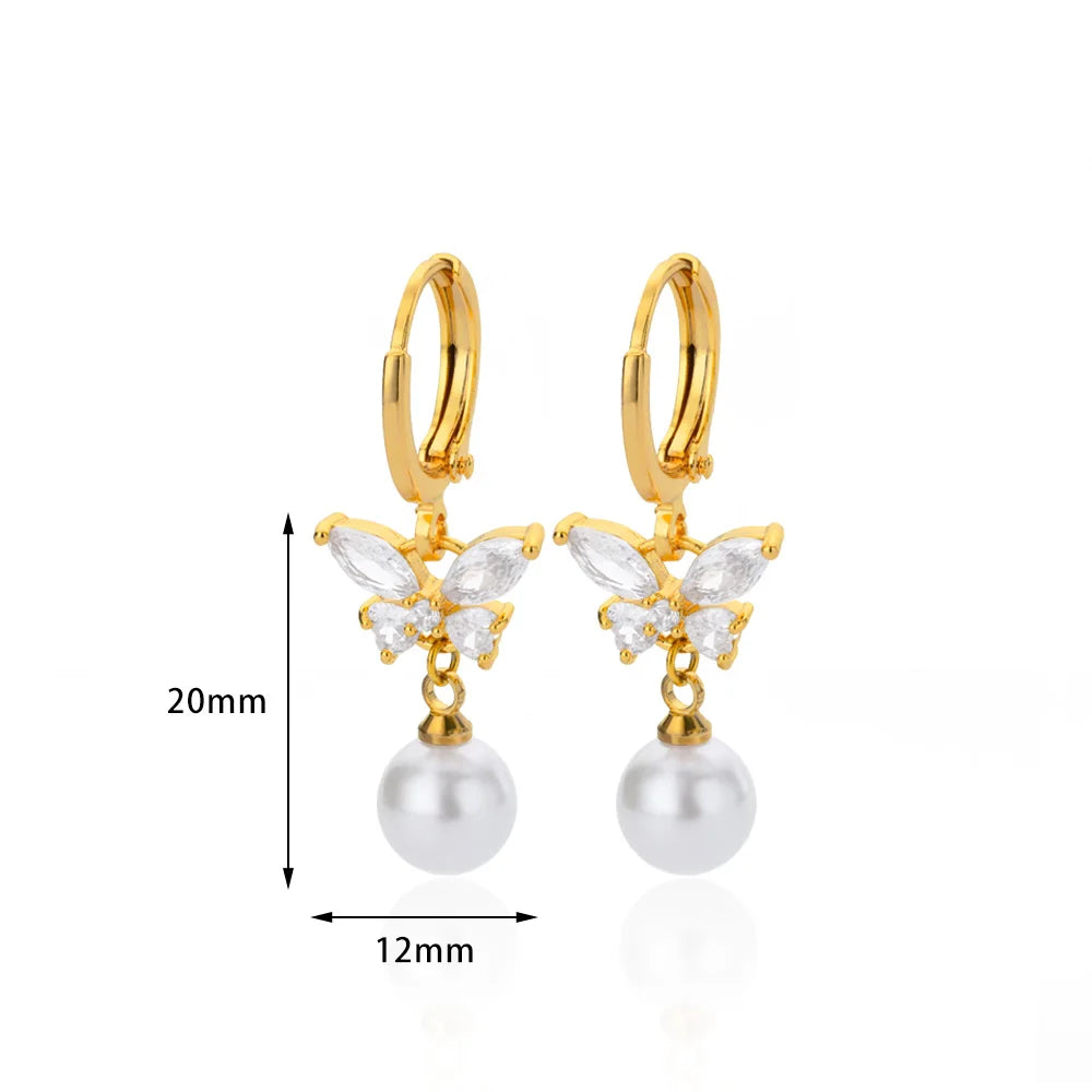 Butterfly Zircon Stainless Steel Pearl Earrings for Women - Gold Plated Piercing Jewelry