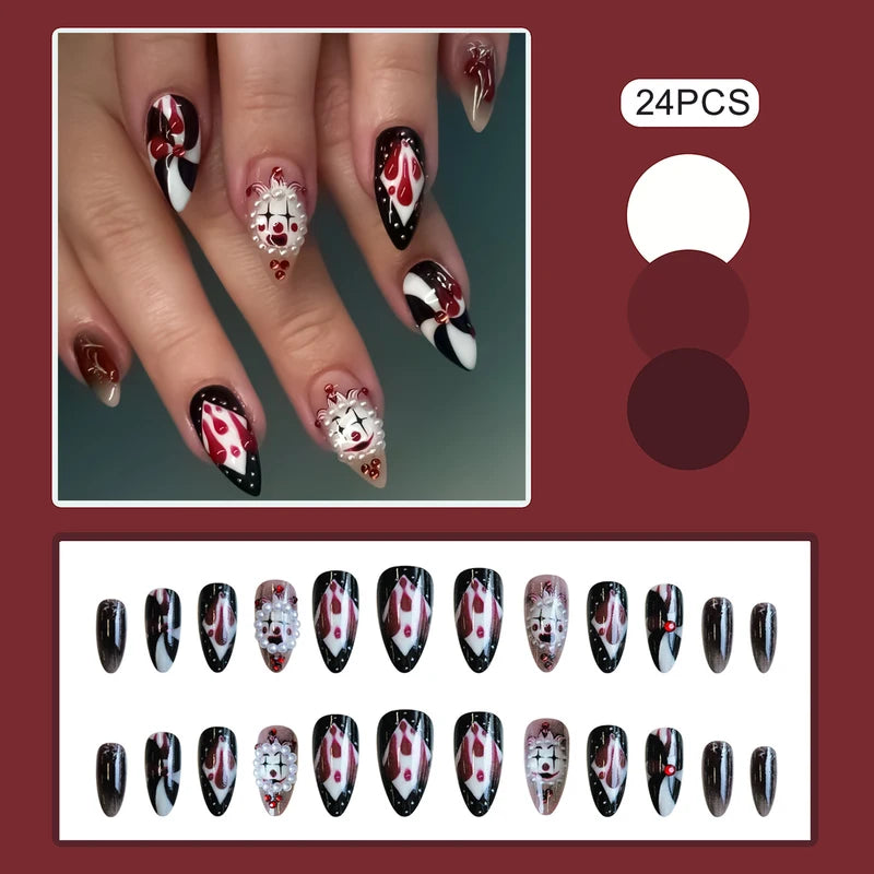 24pcs Halloween Circus Clowns Fake Nails with Blood Drop Spiral Pattern - Press On Nails Set