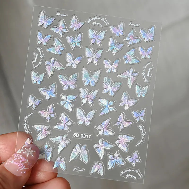 Pink Purple Aurora Shell Butterfly Nail Stickers - Shiny Laser 3D Decals for Nail Art