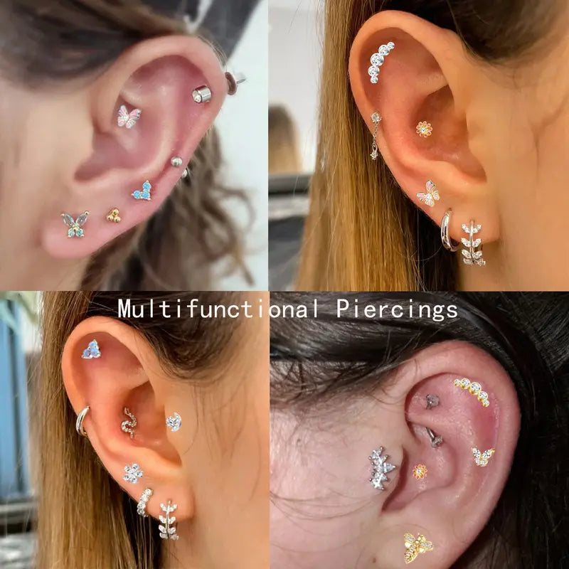 Cartilage Earrings Stud for Women Surgical Steel Butterfly Flower Helix Tragus Jewelry