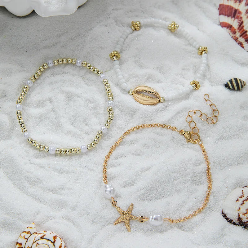 Summer Shell Bracelet Set for Women Boho Starfish Pearl Beads Chain Jewelry Gift