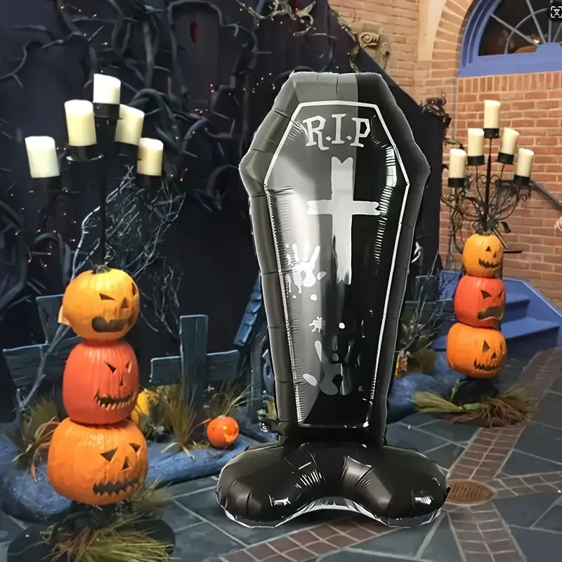 Black Coffin Balloon Halloween Party Decoration Cross Pattern Aluminum Film Balloon Indoor Outdoor