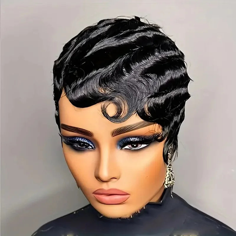 Short Human Hair Wig for Women - Brown Ocean Wave Pixie Cut, Natural Color
