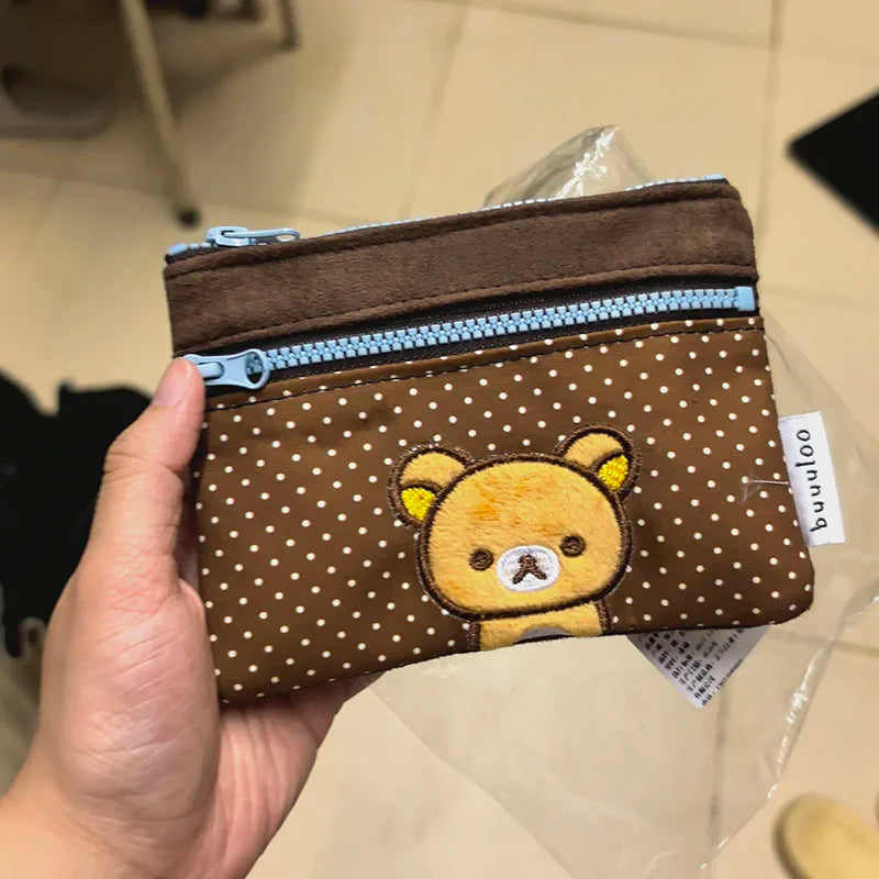 Cute Embroidered Bear Pencil Case with Polka Dots - Storage Bag & Coin Purse