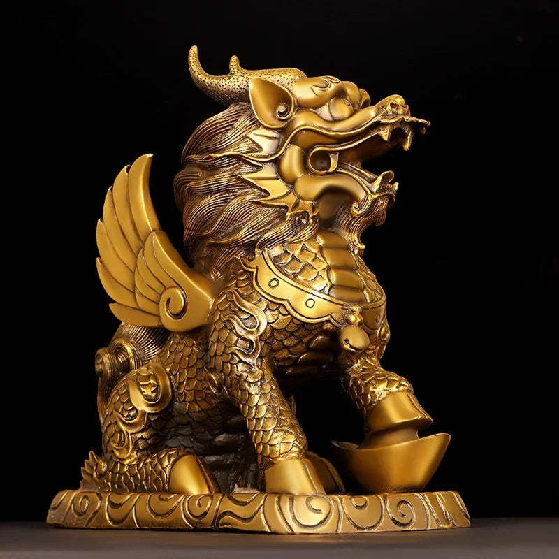 Feng Shui Copper Unicorn Ornament with Yuanbao for Home Office Decor