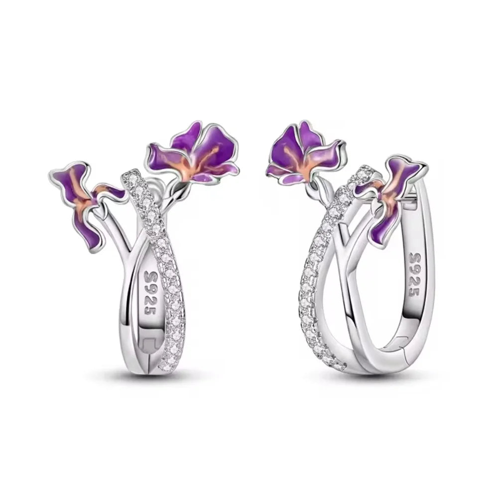 925 Silver Pastel Violet Sparkling Bowknot Hoop Earrings for Women Gift