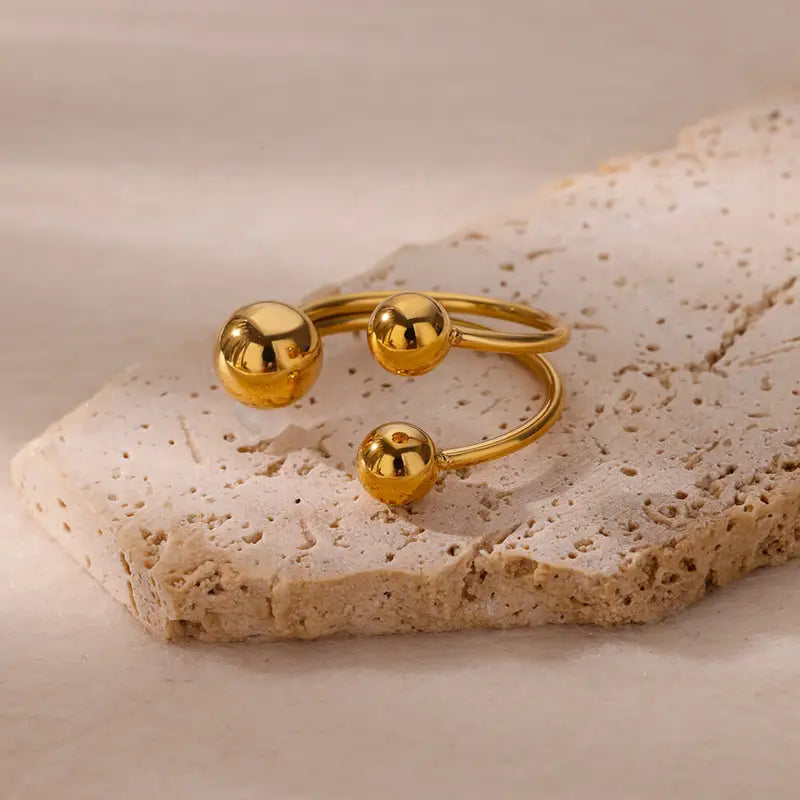 Stainless Steel Double-Layer Bead Ring for Women Geometric Ball Open Jewelry