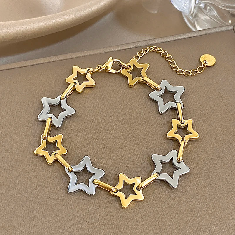 Fashion Stainless Steel Gold Silver Color Bracelet for Women with Hollow Star Link Chain Waterproof Jewelry Gift