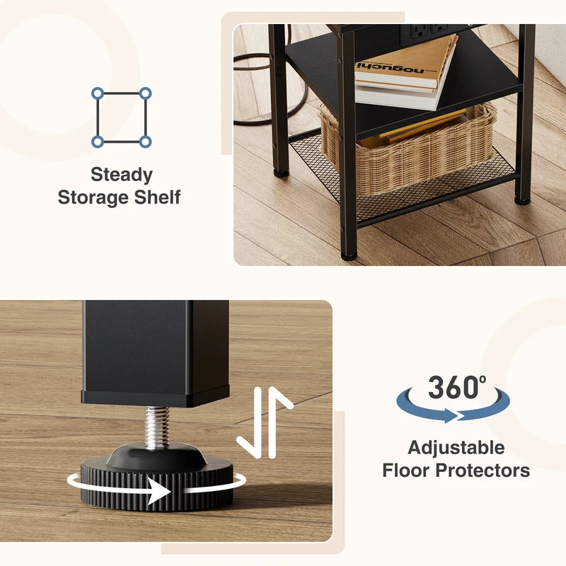 3-Tier Small Side Table with Charging Station - Adjustable Nightstand for Living Room & Bedroom