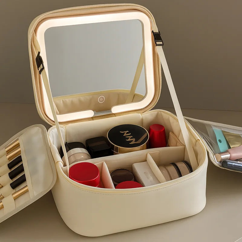 Large Capacity Travel Makeup Bag with LED Mirror and Organizer - Portable Women's Cosmetic Case