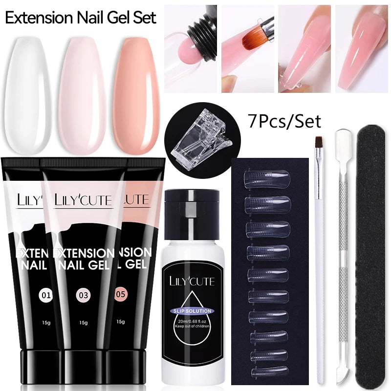 7-Piece Nail Extension Gel Kit with Tips & Tools - Clear, Black, Green