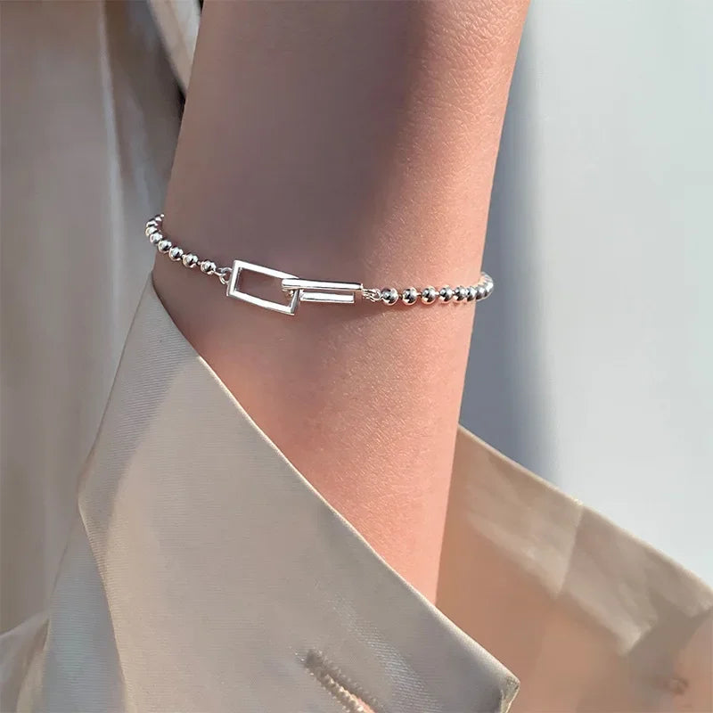 Geometric Square and Round Bead Bracelet for Women - Silver, Black & White Variants